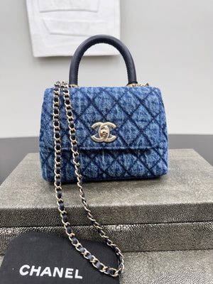 LIKE NEW - Chanel Blue Quilted Denim Coco Mini Top Handle Bag
