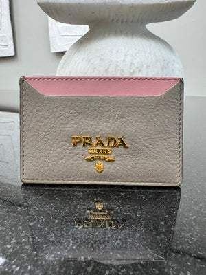 Prada Grey And Pink Grained Leather Card Holder