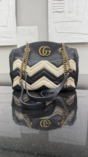 Gucci Black & White Chevron Leather Marmont Chain Shoulder Bag