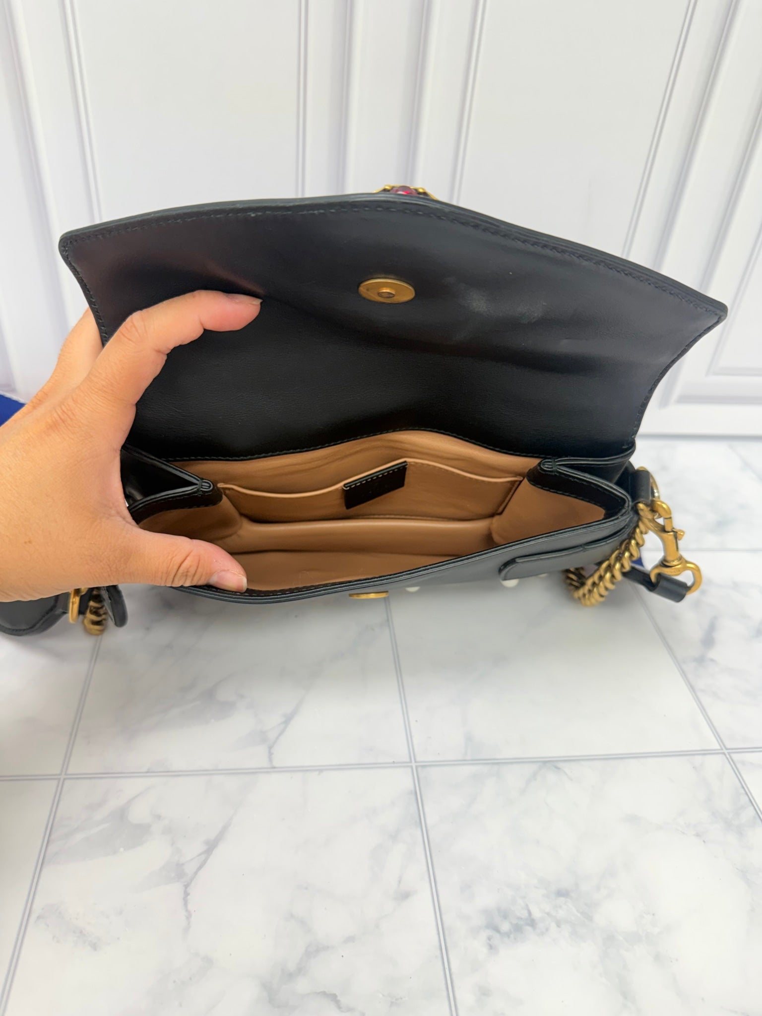 Gucci Black Calfskin Leather Pearl Studded Queen Margaret Bee Mini Shoulder Bag 
