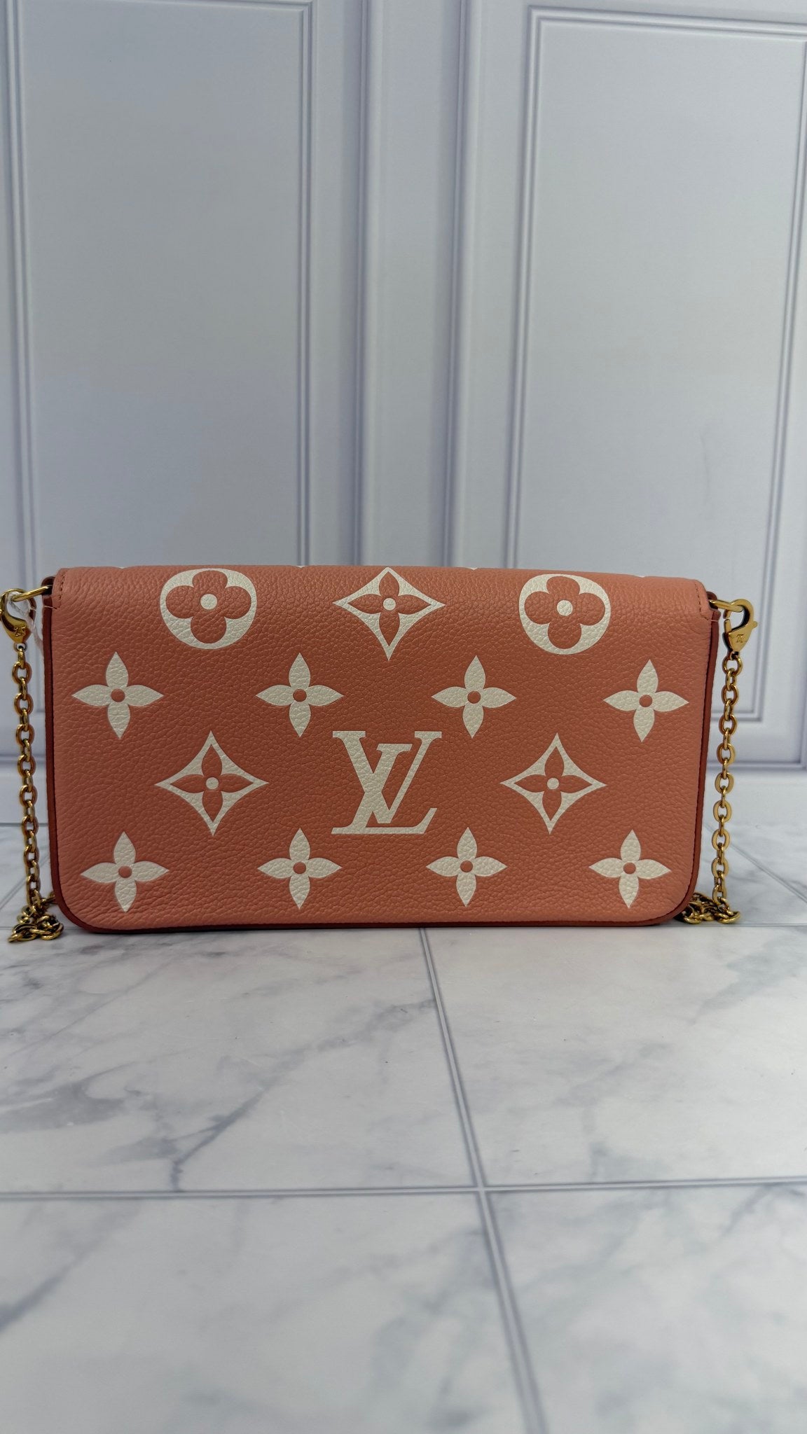 LIKE NEW - Louis Vuitton Pink And Creme Empreinte Leather Pochette Felicie 