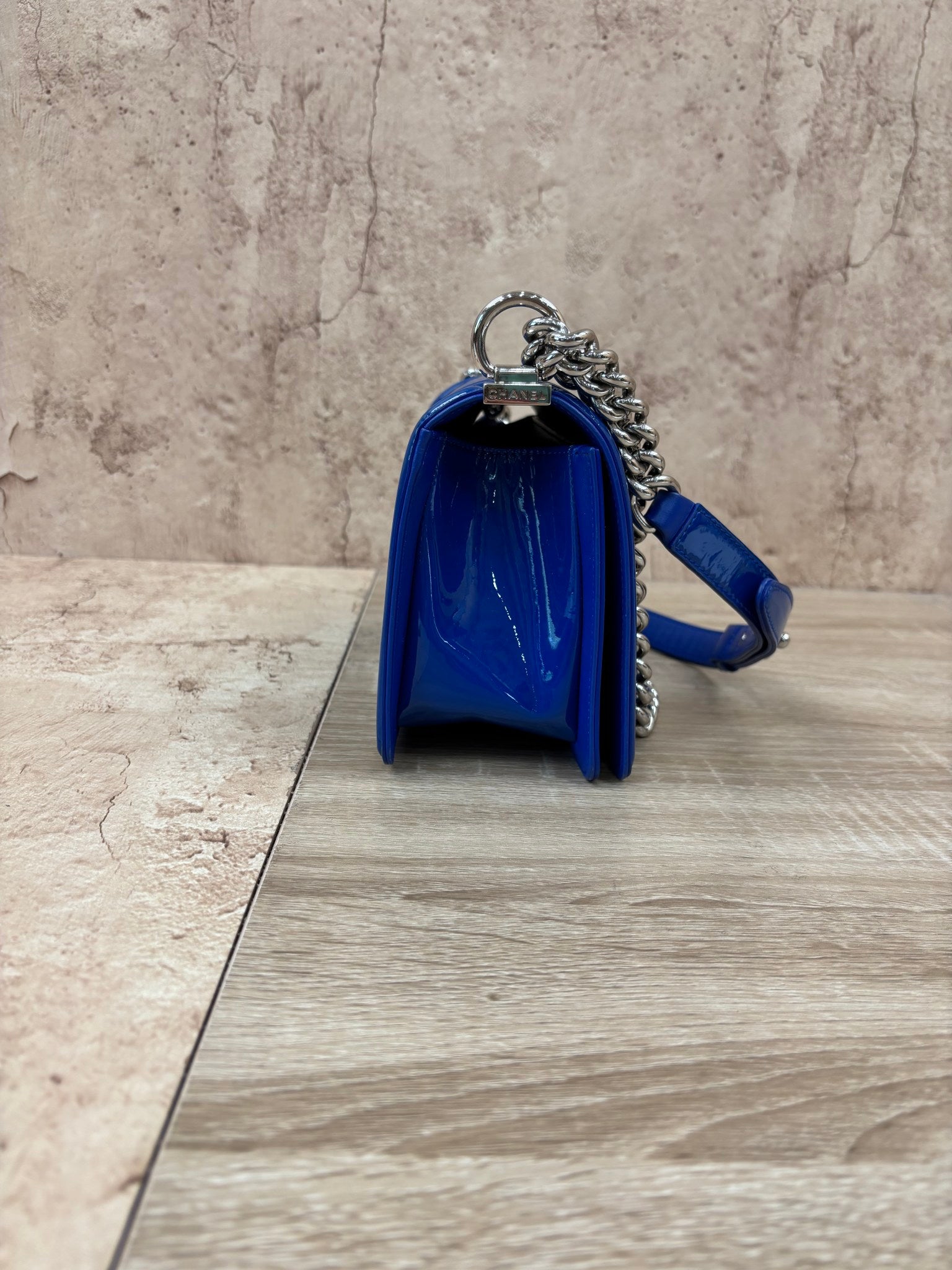 Chanel Blue Patent Leather Quilted Boy Bag