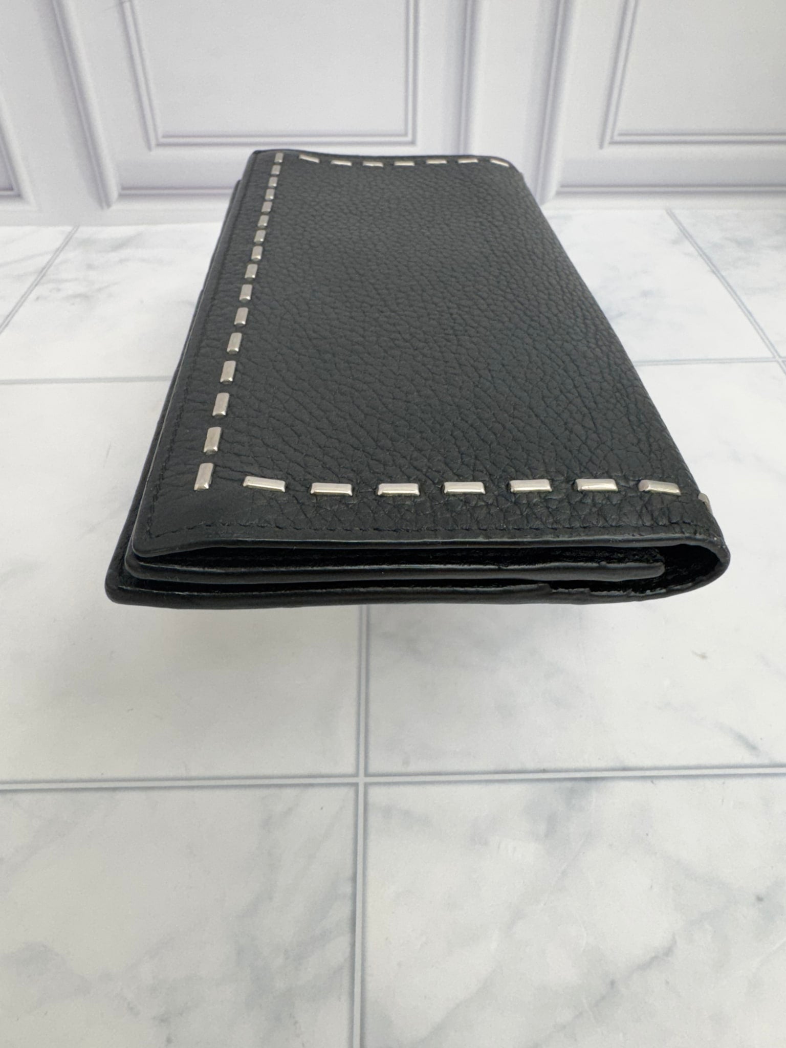 Fendi Black Grained Leather Studded Long Wallet